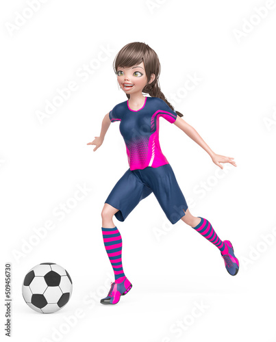 soccer girl is happy and also running with the ball in white background © DM7