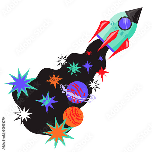 Decorative element with space rocket or spaceship leaving a colorful trail of planets and stars, cartoon flat vector illustration isolated on white background. Space rocket launching.