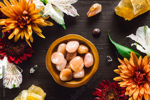 Bowl of Peach Moonstone with Autumn Stones and Flowers