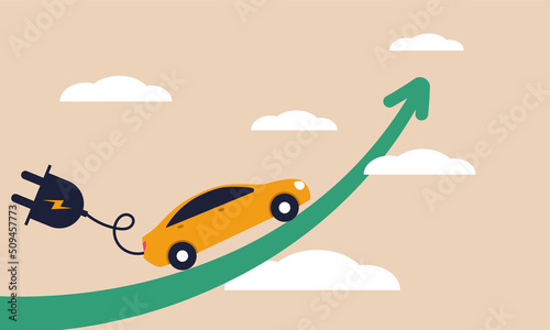 Electric stock car and ev increase earning. Profit vehicle and environment energy market graph vector illustration concept. Environment technology recharge and renewable solar power investment.