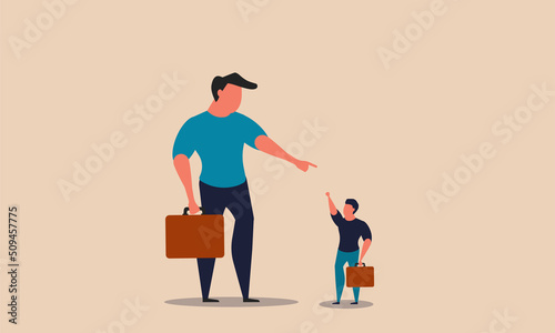 Big business competitor and authority boss career. Competition challenge and corporate giant vector illustration concept. Office leader and people powerless standing. Worker strength and pressure