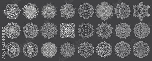 Set of Ethnic Fractal Mandala Vector Meditation Tattoo looks like Snowflake or Maya Aztec Pattern or Flower too Isolated on White