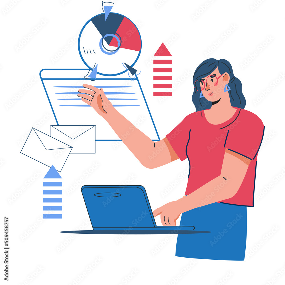 Business woman organizing the workflow and tasks priority in project, flat vector illustration isolated on white background. Work schedule, business planning and effective time management.