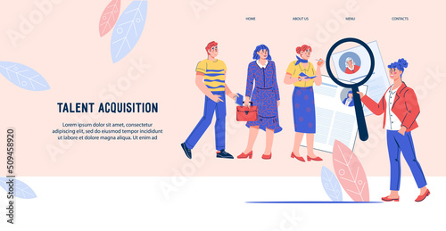 Recruitment and outsourcing staff acquisition website banner, flat vector illustration. HR agency web page design. Outstaffing or Professional Team Invitation to Work on Project.