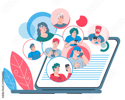 Online business chat, virtual conference or team meeting, flat cartoon vector illustration isolated on white background. Online collaboration application.