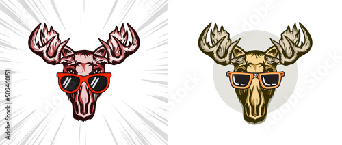 Set of Elk head with Sunglasses. Moose stylish head. Wild animal. Hunting logo. Tattoo tribal style..