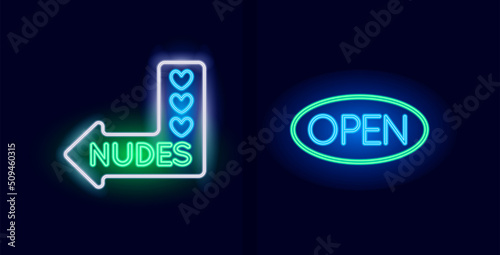 Nudes with Love Hearts and Open Neon light sign set. Vector illustration.