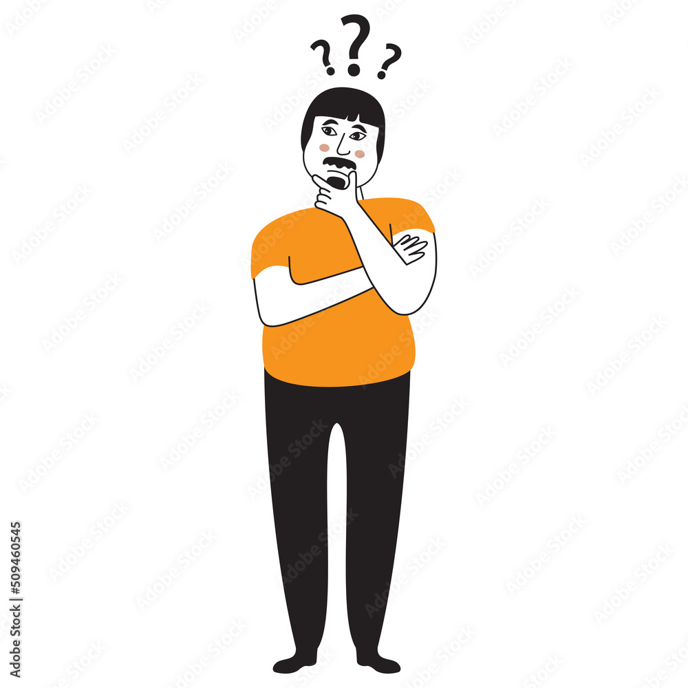 Pensive man thinking with hand on chin.Character have a question.Vector illustration in cartoon style.Pensive or thinking young guy.Isolated on white background. Pensive man thinking with hand on chin.Character have a question.Vector illustration in cartoon style.Pensive or thinking young guy.Isolated on white background.