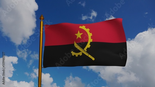 National flag of Angola waving 3D Render with flagpole and blue sky, Republic of Angola flag textile, Popular Movement for the Liberation of Angola MPLA. High quality 3d illustration photo