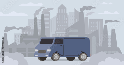 Car air pollution.Road smog.Industrial carbon dioxide cloud. Polluted air environment at city.Atmospheric pollution.Bad urban environment.Contamination problem.Vector flat illustration.