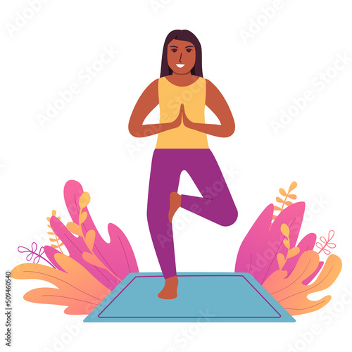 African american woman standing in tree pose yoga.Female practicing yoga hand drawn.Girl in yoga Vrikshasana asana.Character cartoon vector illustration.