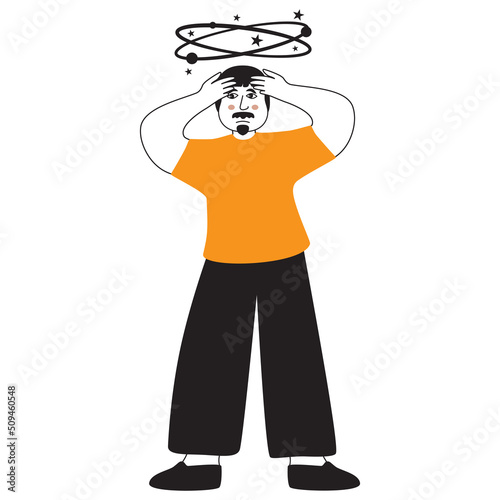 Young man with vertigo.Person holds his hands on head.Sick man having dizzy symptom.Doodle sketch style vector illustration. Isolated on white background.