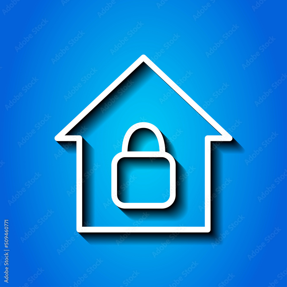 Lock, house simple icon. Flat design. White icon with shadow on blue background.ai Lock, house simple icon. Flat design. White icon with shadow on blue background.ai