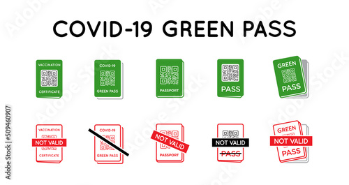 Set of Vaccine passport icons. Certificate of vaccine and immune from covid. Health passport. Qr code for control and check of safety from covid-19.
