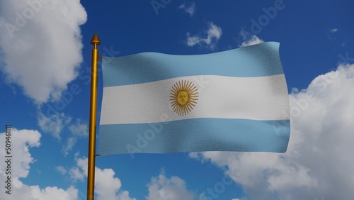 National flag of Argentina waving 3D Render with flagpole and blue sky, Republic Argentine flag textile designed by Manuel Belgrano, argentinian flag, Bandera de Ornato. High quality 3d illustration