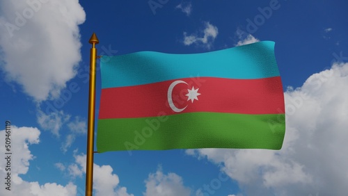 National flag of Republic of Azerbaijan waving 3D Render with flagpole and blue sky, Azerbaycan bayragi or Azerbaijanis Azeris, flag Azerbaijan Democratic Republic. High quality 3d illustration photo