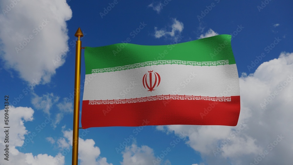 National Flag Of Iran Waving 3d Render With Flagpole And Blue Sky