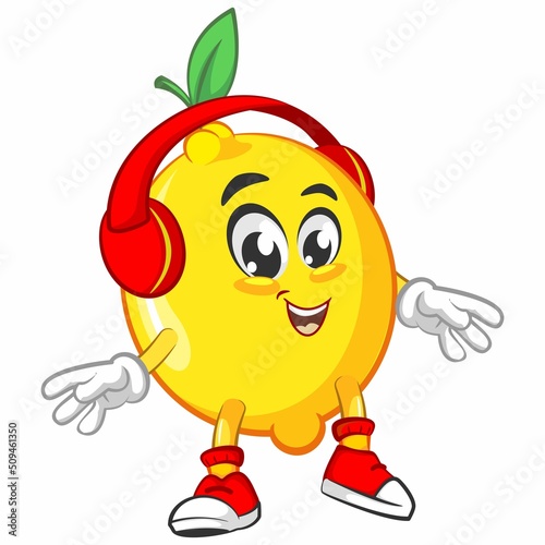 cute lemon fruit mascot character illustration logo icon vector listening to headphones