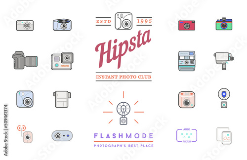 Set of Vintage Vector Photo, Video Camera Signs, Elements and Icons.