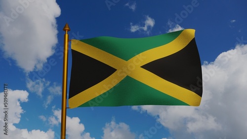 National flag of Jamaica waving 3D Render with flagpole and blue sky, Republic of Jamaica flag textile, coat of arms Jamaican independence day, Jamaican Patois Jumieka. High quality 3d illustration