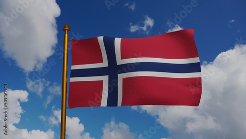 National flag of Norway waving 3D Render with flagpole and blue sky, Norges flagg or Noregs flagg used blue Scandinavian cross, Kingdom of Norway flag with Nordic cross. High quality 3d illustration photo