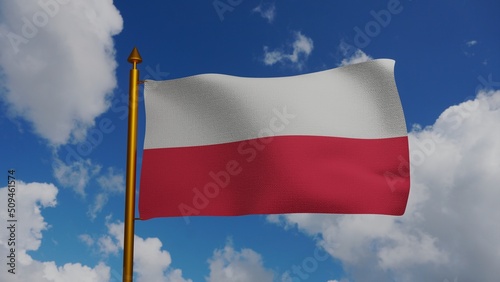 National flag of Poland waving 3D Render with flagpole and blue sky, flaga Polski or Flag of the Republic of Poland Rzeczpospolita. High quality 3d illustration photo