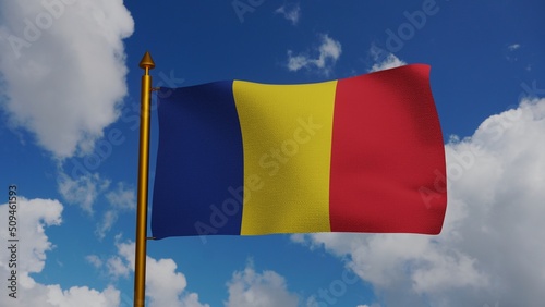 National flag of Romania waving 3D Render with flagpole and blue sky, Republic of Romania flag textile or drapelul Romaniei, coat of arms Romania independence day, Romanian flag. 3d illustration photo