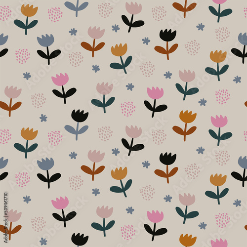 Simple white flowers pattern over beige background. Vector illustration