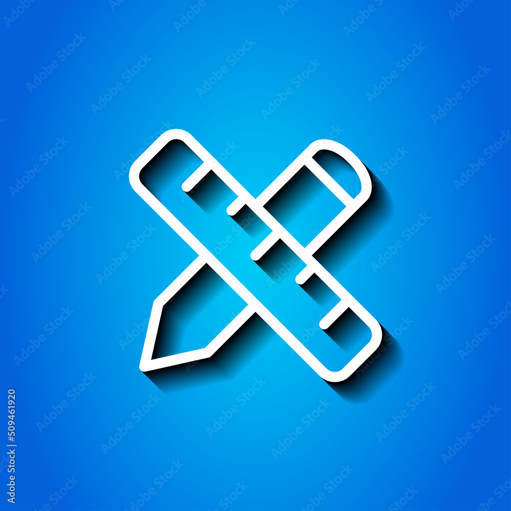 Ruler, pen simple icon vector. Flar design. White icon with shadow on blue background.ai Ruler, pen simple icon vector. Flar design. White icon with shadow on blue background.ai