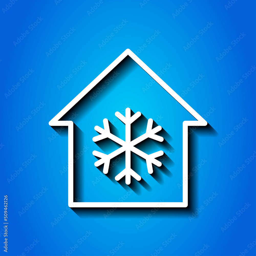 Snow, house simple icon. Flat design. White icon with shadow on blue background.ai Snow, house simple icon. Flat design. White icon with shadow on blue background.ai
