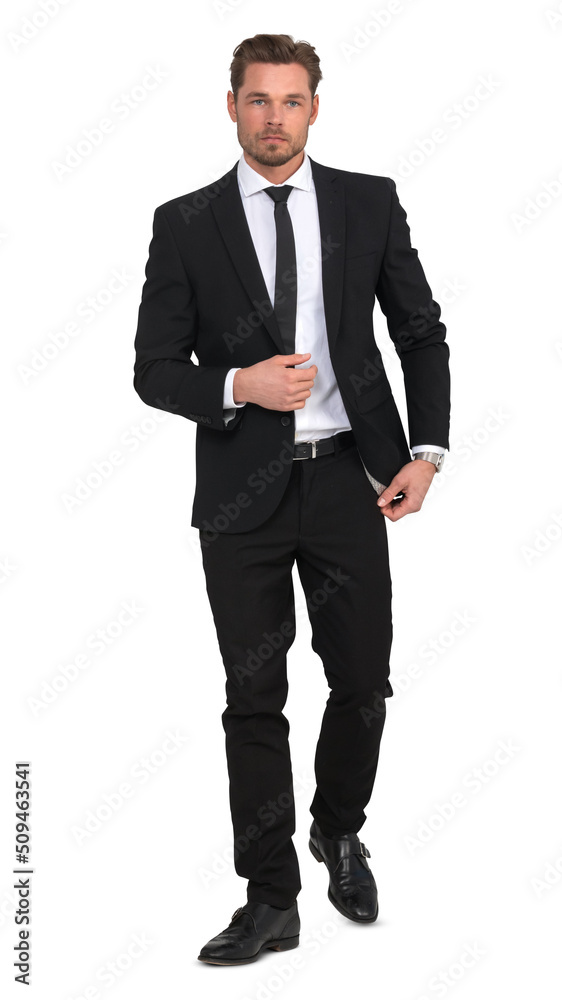 Handsome young man in a black suit walking confidently, isolated on white background Handsome young man in a black suit walking confidently, isolated on white background