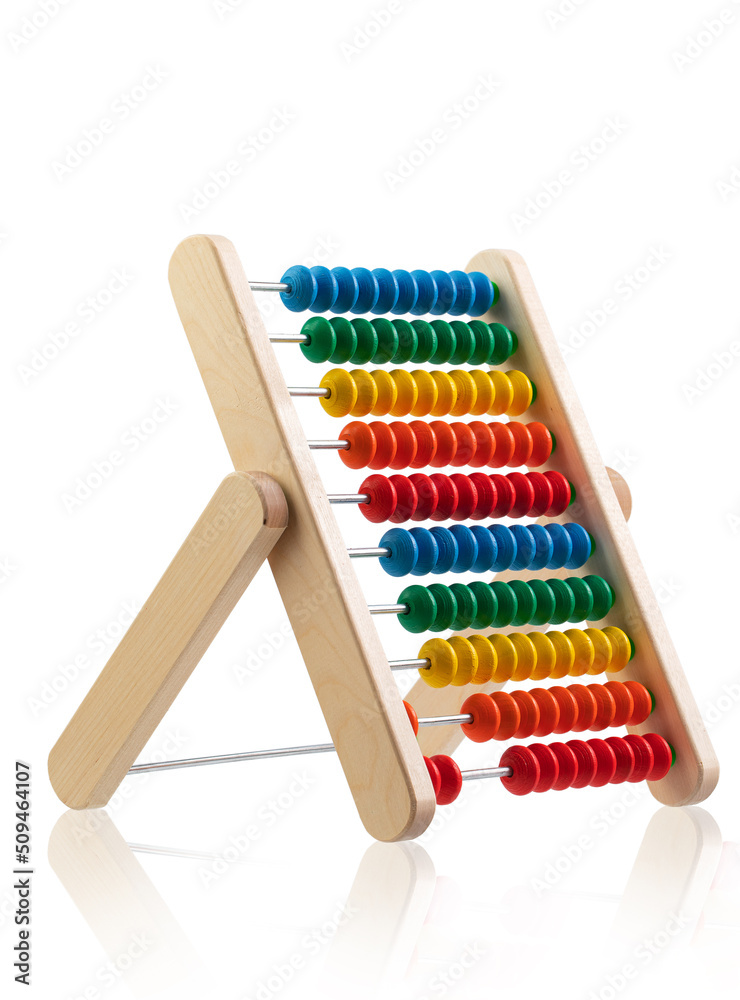 children's toy wooden abacus with multicolored knuckles, isolated on a white background children's toy wooden abacus with multicolored knuckles, isolated on a white background