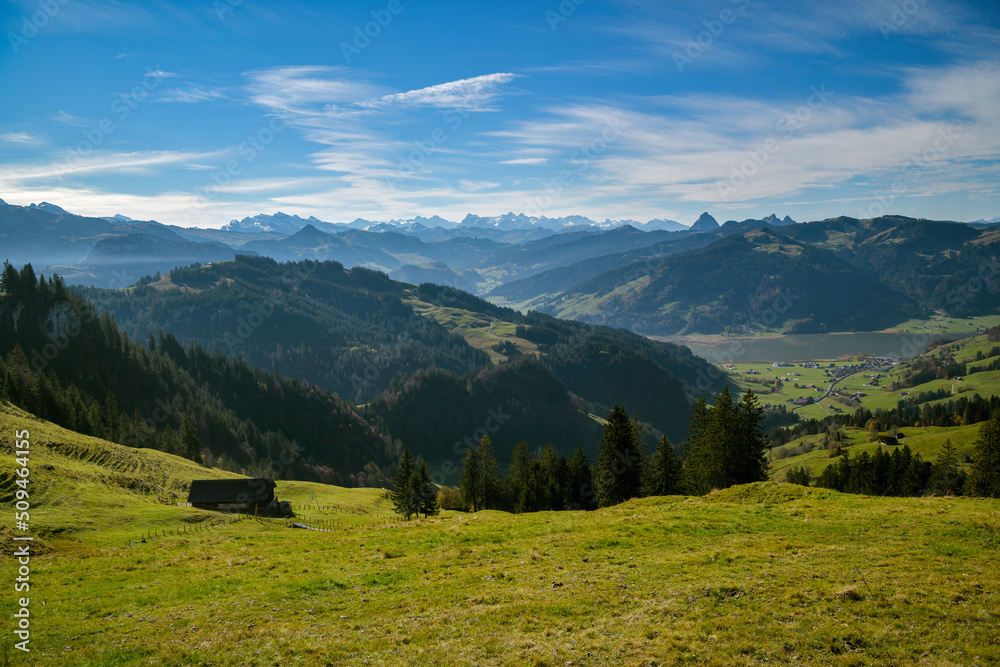 View on beautiful Swiss Alps close to Sattelegg in Switzerland