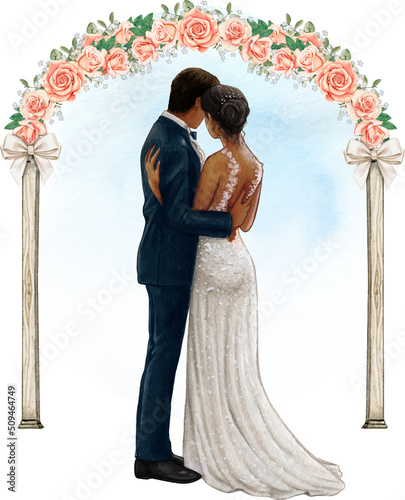 Watercolor wedding couple embracing under wedding rose arch