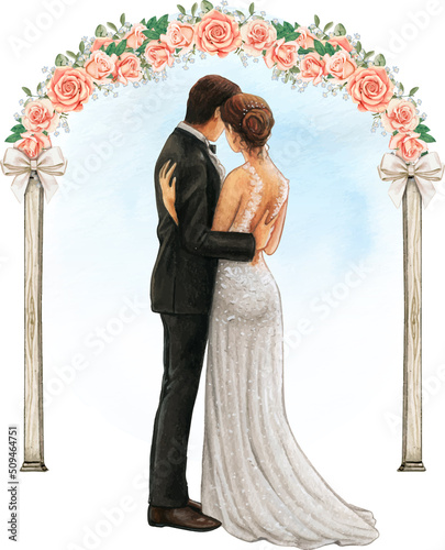 Watercolor wedding couple embracing under wedding rose arch