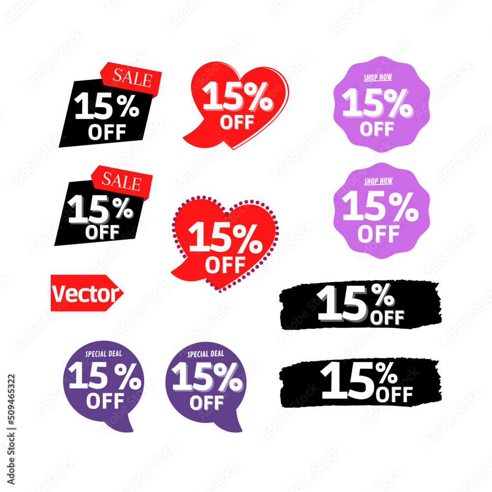 15% off Sale and discount tag, sticker or origami label set.percent price off badges. Promotion, ad banner, promo coupon design elements. Vector illustration