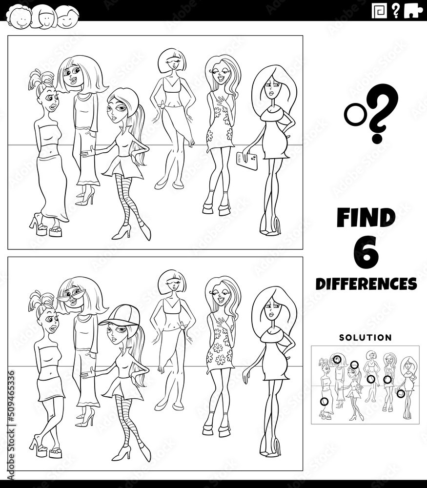 Obraz premium differences game with comic pretty women coloring page