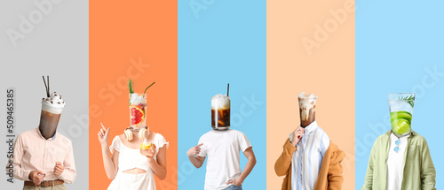 Many people with different drinks instead of their heads on colorful background photo