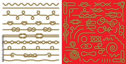 Set of Rope and knots. Decorative elements. Vector illustration collection.