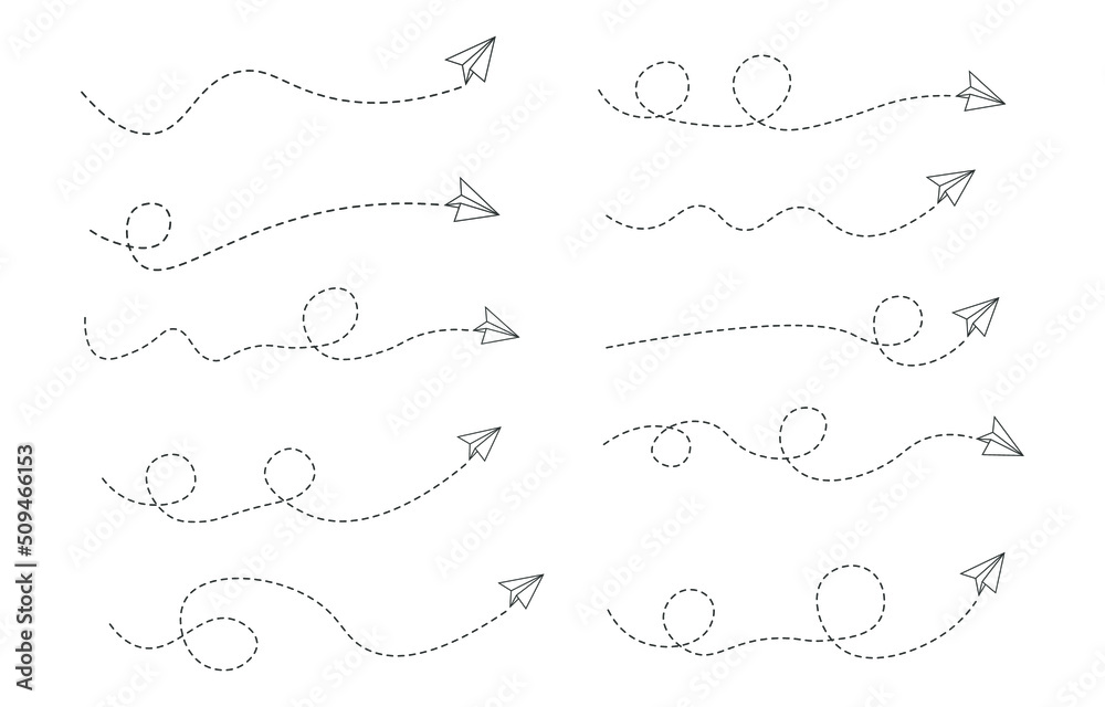 Set of dashed line air plane route, flat design