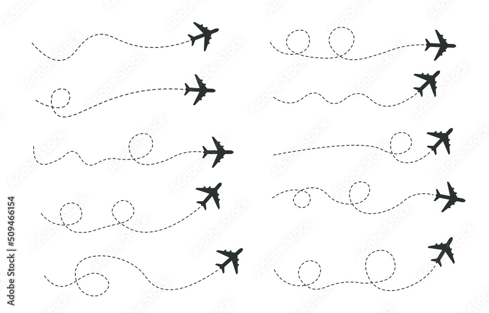 Set of dashed line air plane route, flat design Set of dashed line air plane route, flat design