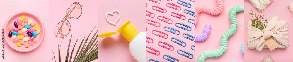 Summer collage of different photos on pink background, top view Summer collage of different photos on pink background, top view