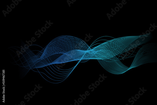 Turquoise blue abstract wave lines flowing horizontally on a black background, ideal for topics about technology, music, science and the digital world.