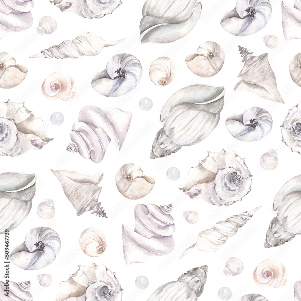Seamless pattern with watercolor hand draw sea shell, coral and white flowers, isolated on white background. Underwater collection. Seamless pattern with watercolor hand draw sea shell, coral and white flowers, isolated on white background. Underwater collection.