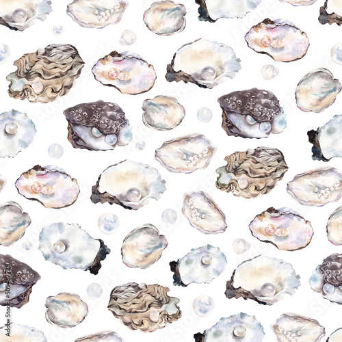 Seamless pattern with watercolor hand draw sea shell, coral and white flowers, isolated on white background. Underwater collection.