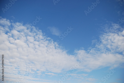 White fluffy clouds. Fluffy white cumulus clouds spread over a light blue sky. Small rounded clouds grouped into two large clouds in the shape of a butterfly wing
