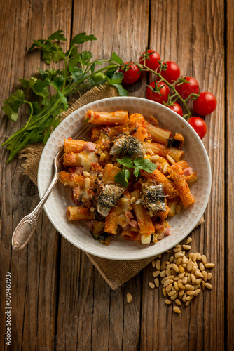oven pasta with sardines eggplants pine nuts tomato and parsley