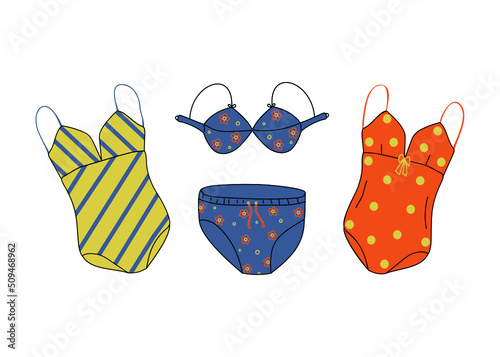 Summer clothes for the beach. Set of bright colored swimwear for the beach and pool, doodle. Women's collection. Vector illustration on a white isolated background.