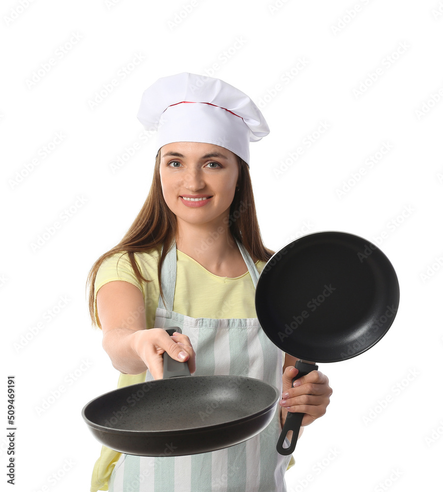 Female chef with frying pans on white background Female chef with frying pans on white background