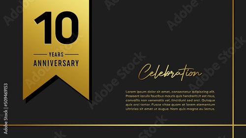 10 years anniversary logo with golden ribbon for booklet, leaflet, magazine, brochure poster, banner, web, invitation or greeting card. Vector illustrations.